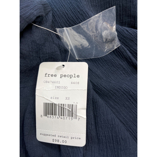 Free People Women's Indigo Blue Boho Tassel Crochet Gauzy Mesh Blouse Top Sz XS - NWT