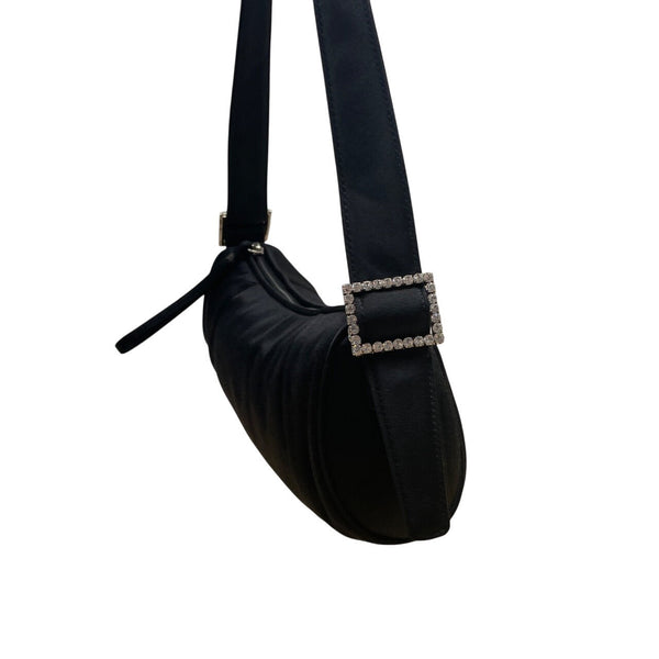 Ann Taylor Black Satin Rhinestone Buckle & Zipper Closure Shoulder Clutch Szize M