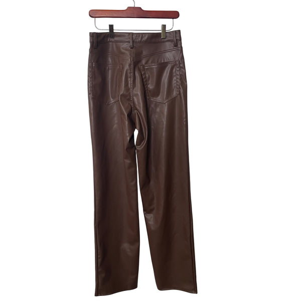 H&M Womens Brown Faux Leather Straight Pants Size 6 High-Waist Stylish Casual