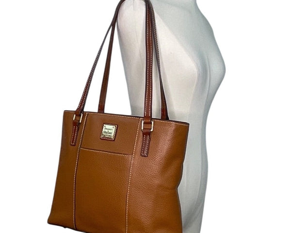 Dooney & Bourke Tan Brown Pebbled Leather Gold Accents Double Strap Shoulder Bag