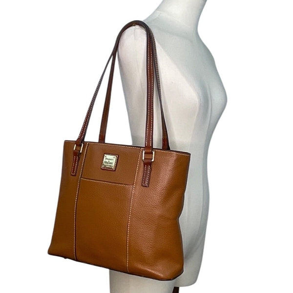 Dooney & Bourke Tan Brown Pebbled Leather Gold Accents Double Strap Shoulder Bag