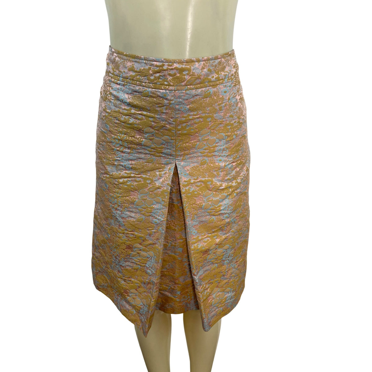 Barneys New York Brocade Gold & Blue Floral Skirt Back Zip Closure Size 40