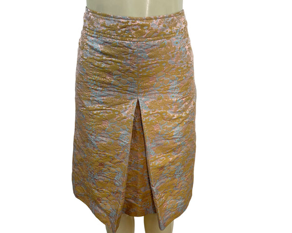 Barneys New York Brocade Gold & Blue Floral Skirt Back Zip Closure Size 40