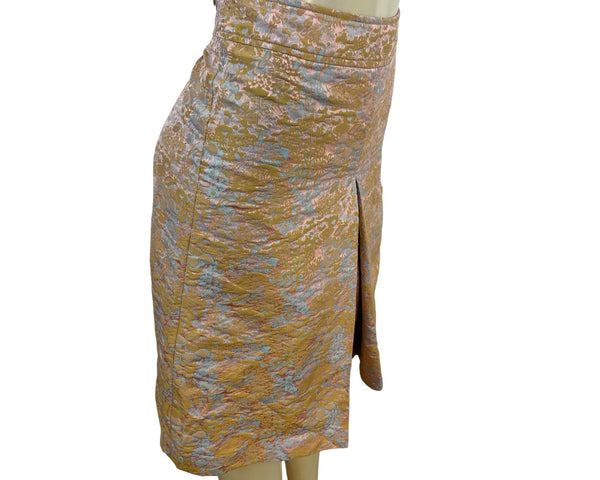 Barneys New York Brocade Gold & Blue Floral Skirt Back Zip Closure Size 40