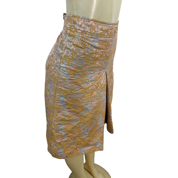 Barneys New York Brocade Gold & Blue Floral Skirt Back Zip Closure Size 40