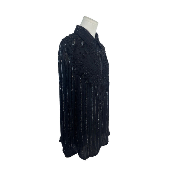 Vintage Black Beaded Sheer Button-Up Blouse With Sequin & Embellished Details