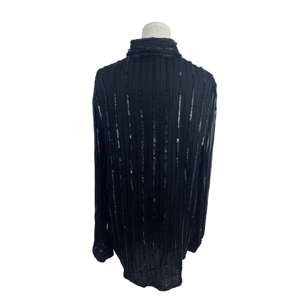 Vintage Black Beaded Sheer Button-Up Blouse With Sequin & Embellished Details