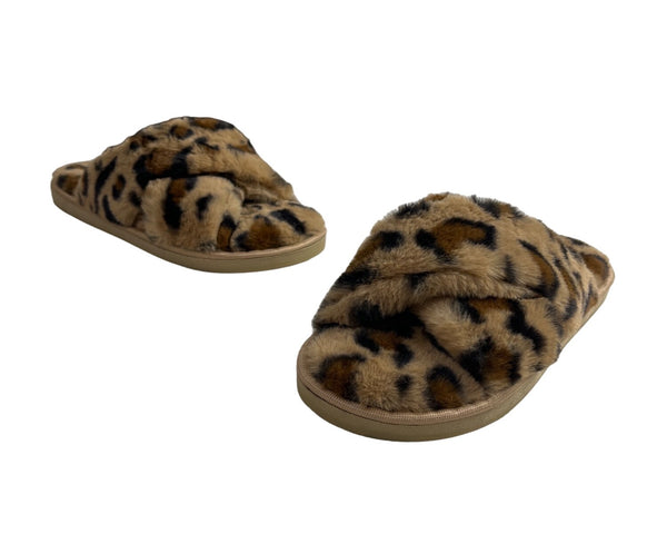Jessica Simpson Women's Brown Leopard Cross Band Soft Plush Slipper Slides Sz L - NWOB