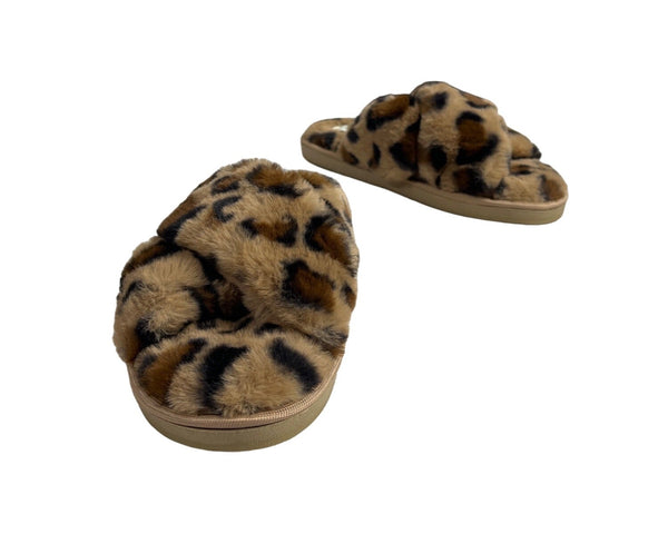 Jessica Simpson Women's Brown Leopard Cross Band Soft Plush Slipper Slides Sz L - NWOB