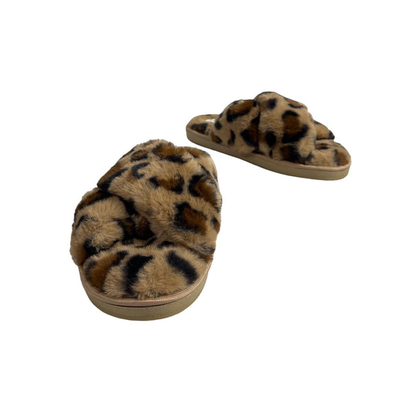 Jessica Simpson Women's Brown Leopard Cross Band Soft Plush Slipper Slides Sz L - NWOB