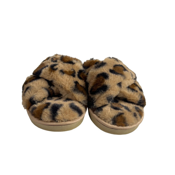 Jessica Simpson Women's Brown Leopard Cross Band Soft Plush Slipper Slides Sz L - NWOB
