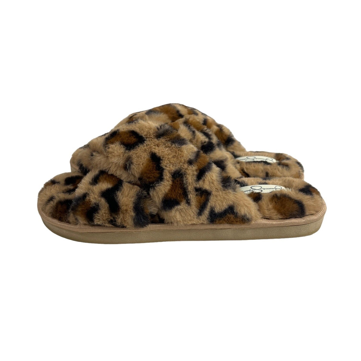 Jessica Simpson Women's Brown Leopard Cross Band Soft Plush Slipper Slides Sz L - NWOB