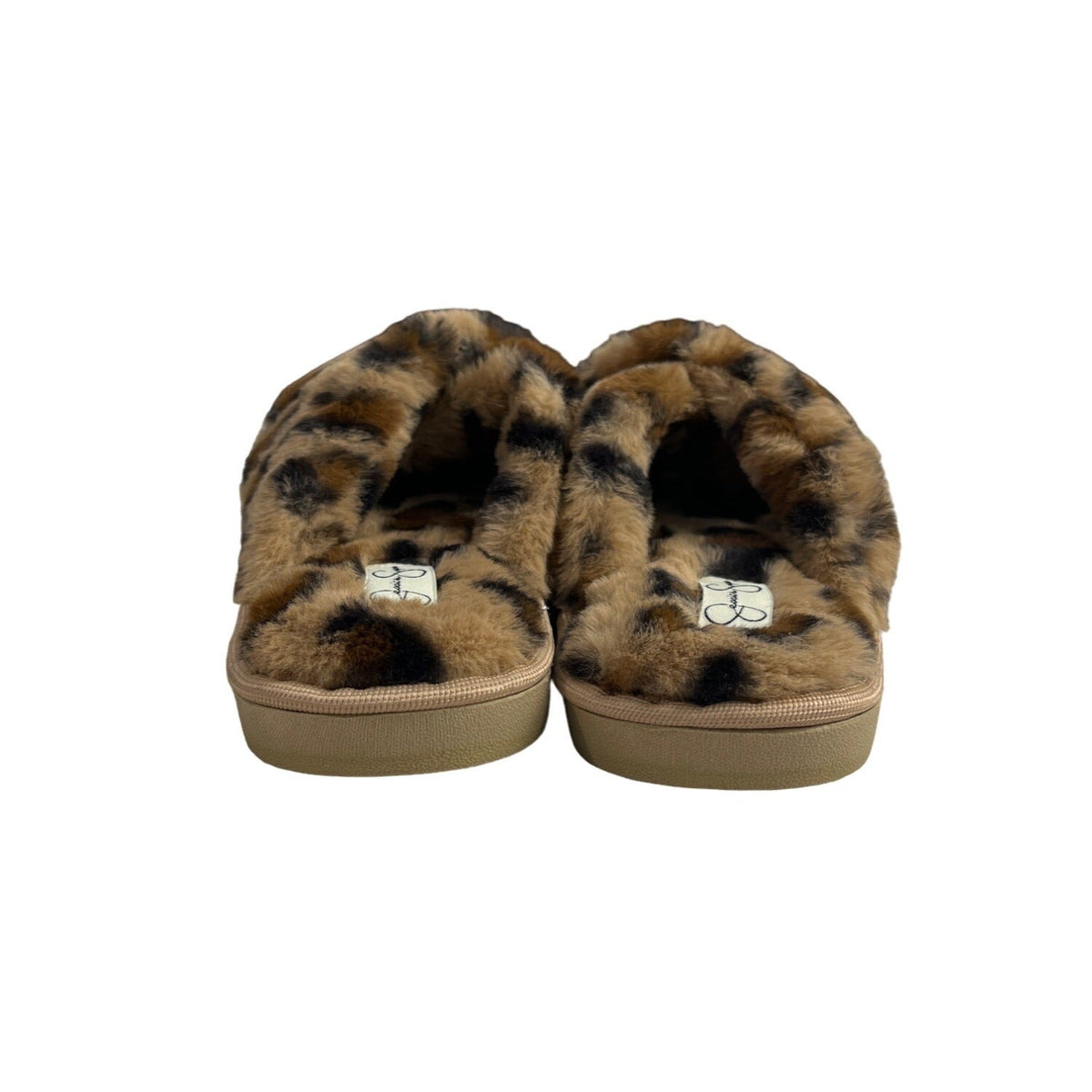 Jessica Simpson Women's Brown Leopard Cross Band Soft Plush Slipper Slides Sz L - NWOB