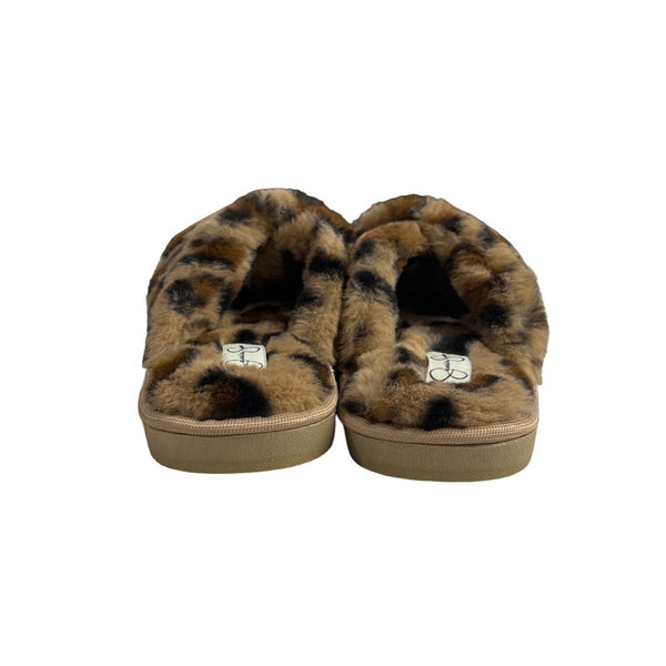 Jessica Simpson Women's Brown Leopard Cross Band Soft Plush Slipper Slides Sz L - NWOB