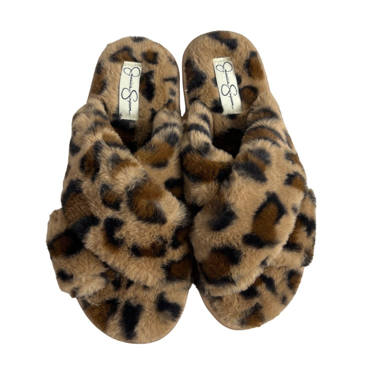 Jessica Simpson Women's Brown Leopard Cross Band Soft Plush Slipper Slides Sz L - NWOB