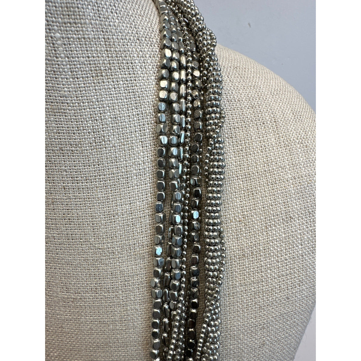 Vintage Multi Strand Metal Beads Silver Tone Chain Necklace - 37in