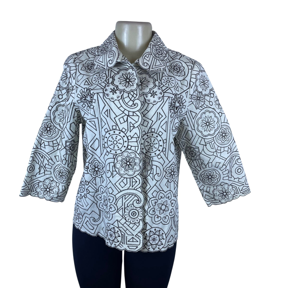 Draper’s & Damon’s Women’s White Black Cotton Floral Embroidered Jacket Sz L