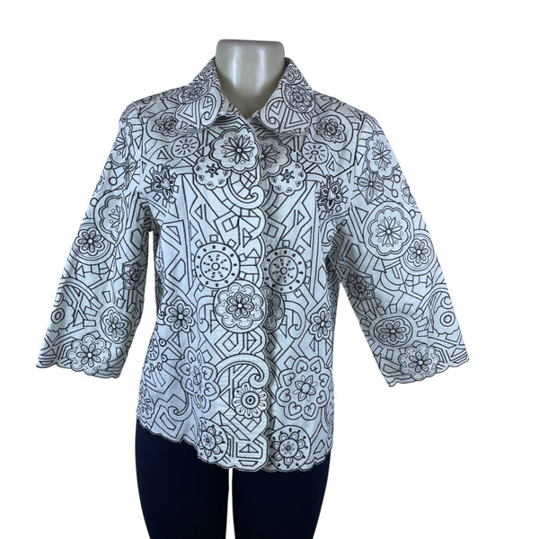 Draper’s & Damon’s Women’s White Black Cotton Floral Embroidered Jacket Sz L