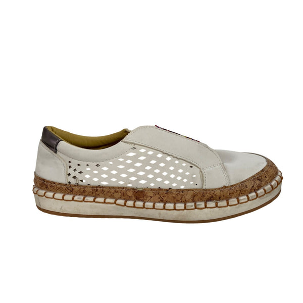 White Slip-On Woven Leather Shoes With Cork Trim For Women Size