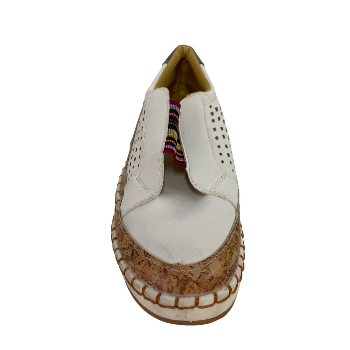 White Slip-On Woven Leather Shoes With Cork Trim For Women Size
