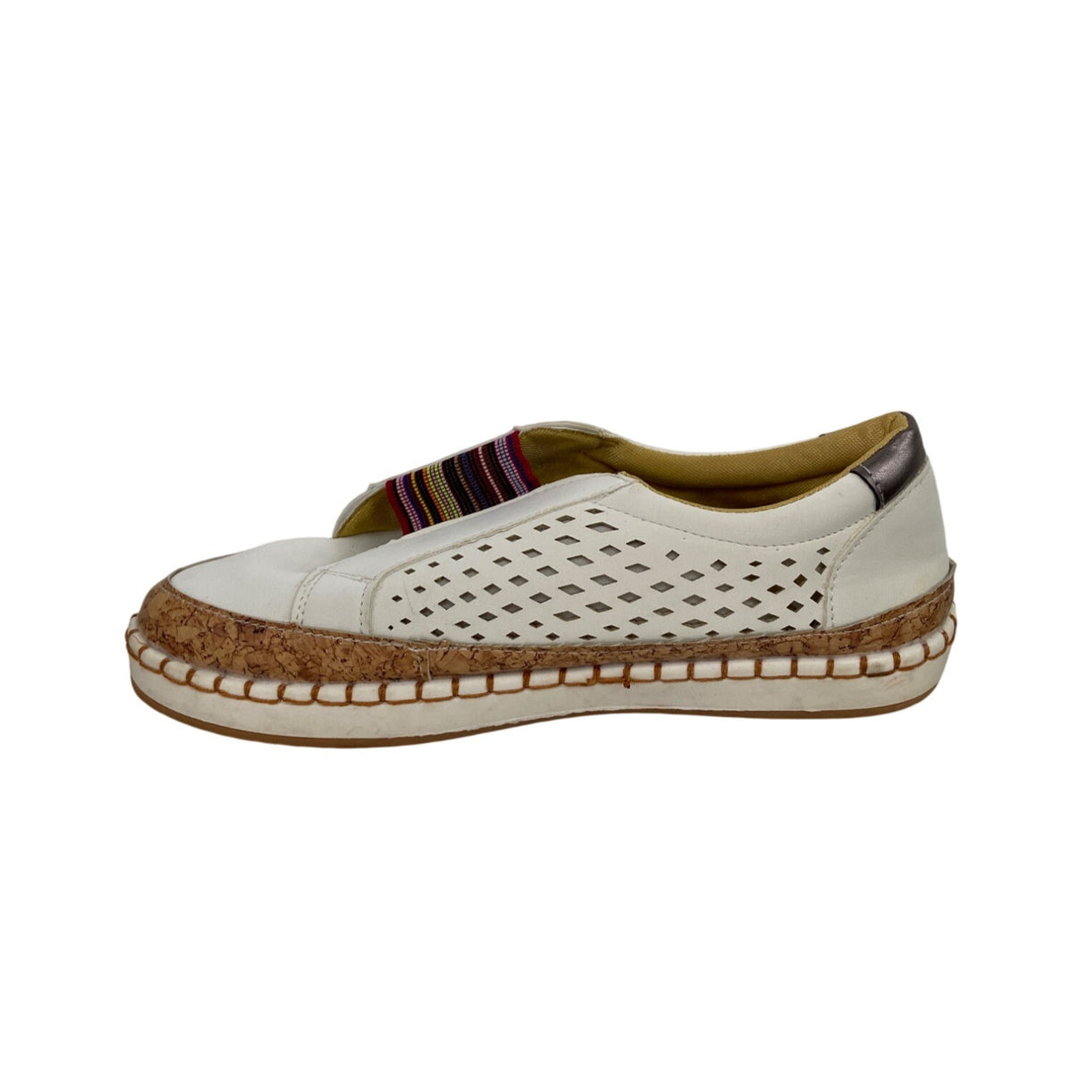 White Slip-On Woven Leather Shoes With Cork Trim For Women Size