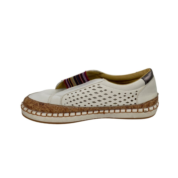 White Slip-On Woven Leather Shoes With Cork Trim For Women Size