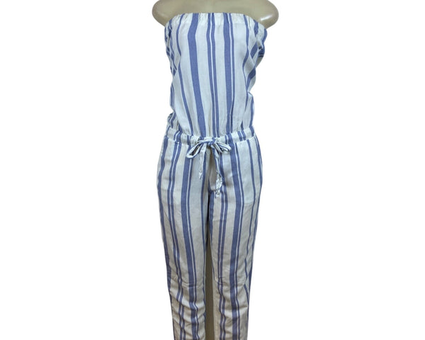 Ann Taylor Loft Womens Blue White Striped Linen Blend Jumpsuit Chic Style Size S