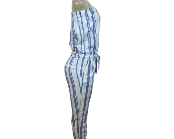 Ann Taylor Loft Womens Blue White Striped Linen Blend Jumpsuit Chic Style Size S