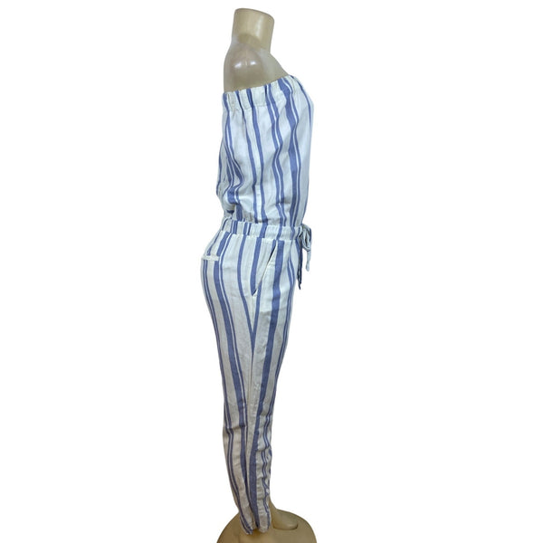 Ann Taylor Loft Womens Blue White Striped Linen Blend Jumpsuit Chic Style Size S