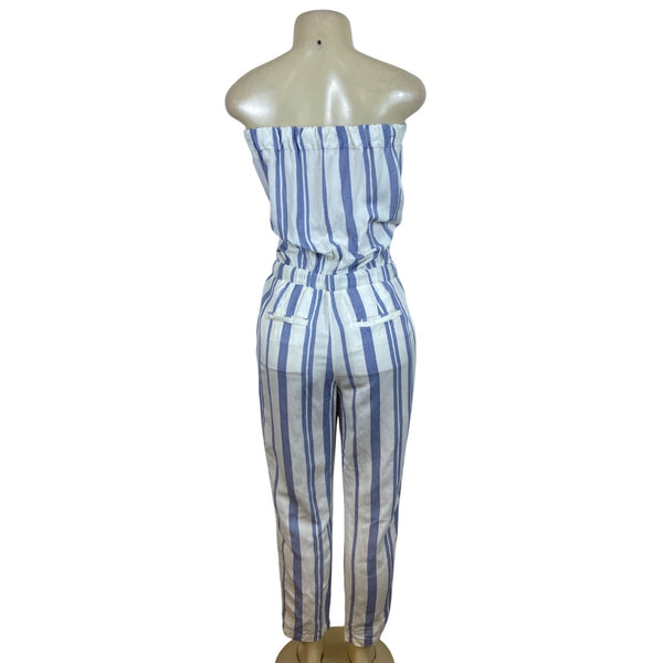 Ann Taylor Loft Womens Blue White Striped Linen Blend Jumpsuit Chic Style Size S