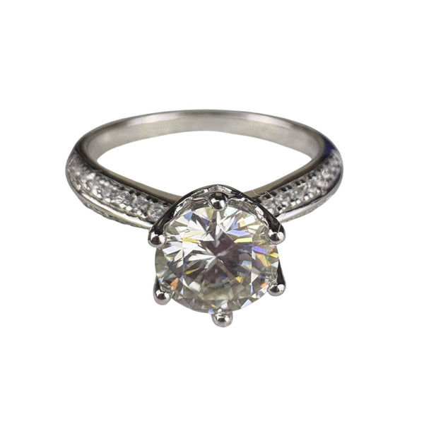 6 Moissanite Solitaire Engagement Ring Silver Tone Pave Band Includes Certificate