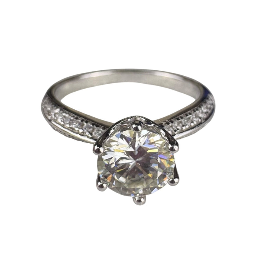 6 Moissanite Solitaire Engagement Ring Silver Tone Pave Band Includes Certificate