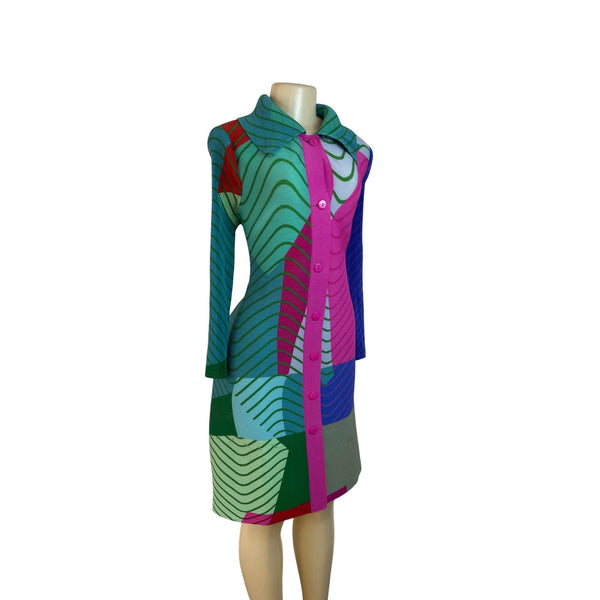 Colorful Long Sleeve Button-Up Dress Collared Neckline and Abstract Print Sz M/L