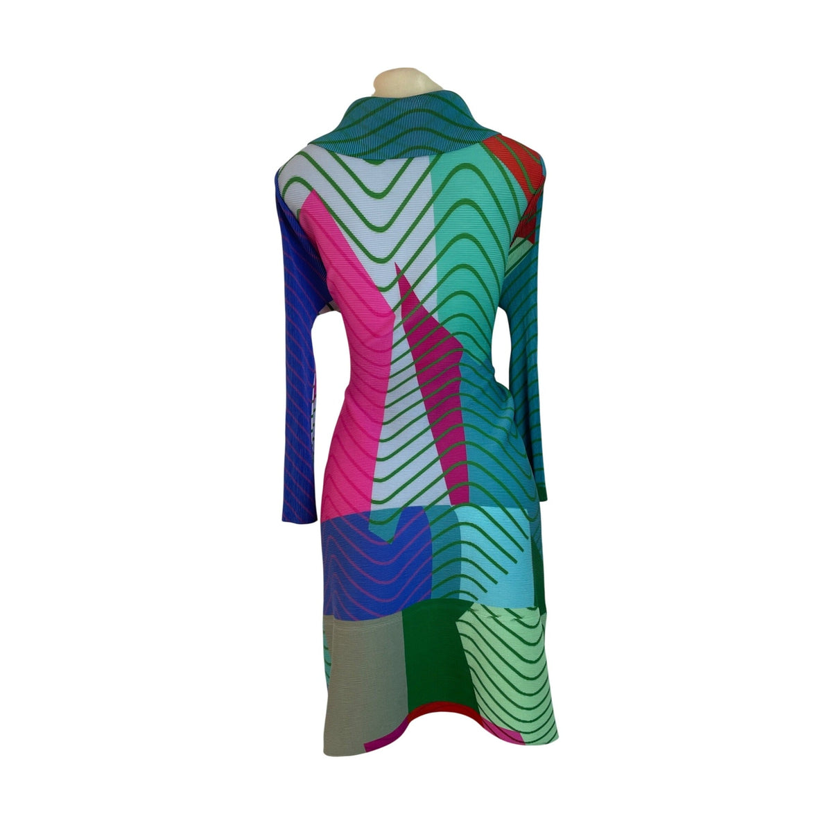 Colorful Long Sleeve Button-Up Dress Collared Neckline and Abstract Print Sz M/L