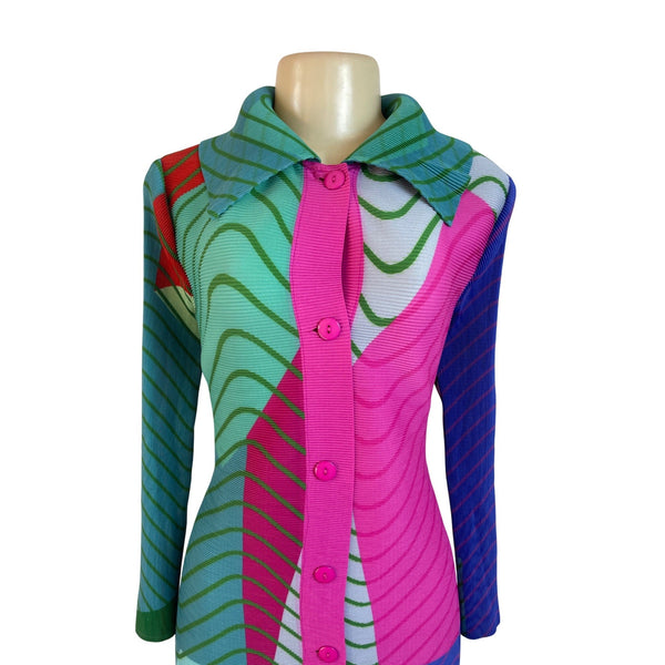Colorful Long Sleeve Button-Up Dress Collared Neckline and Abstract Print Sz M/L