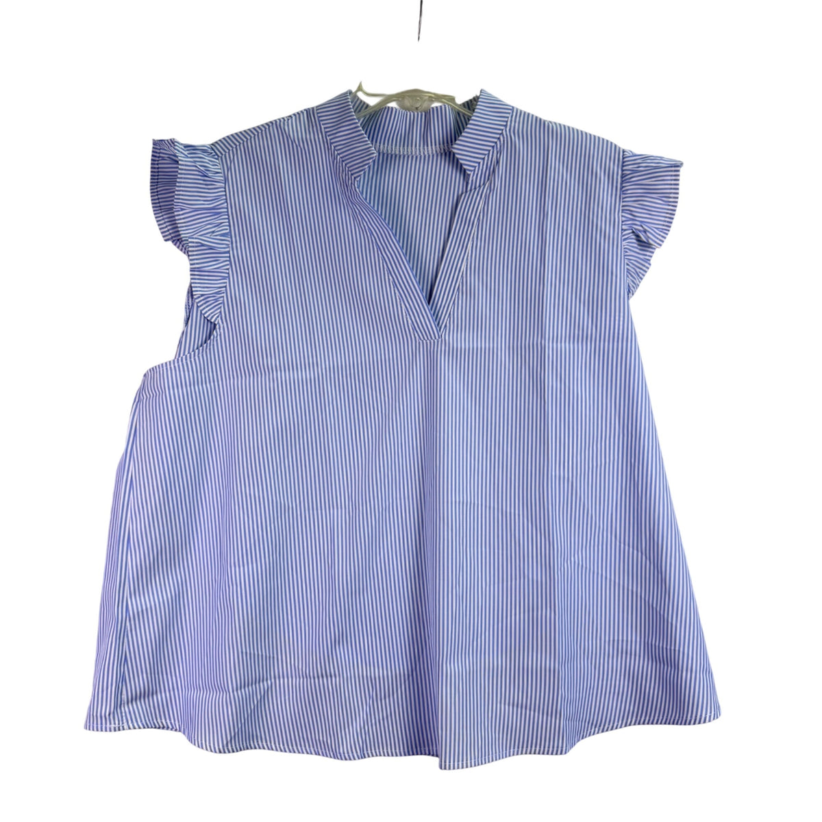 Blue & White Striped Sleeveless Womens Top Polyester/Elastane Ruffle Trim Size 6