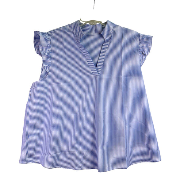 Blue & White Striped Sleeveless Womens Top Polyester/Elastane Ruffle Trim Size 6