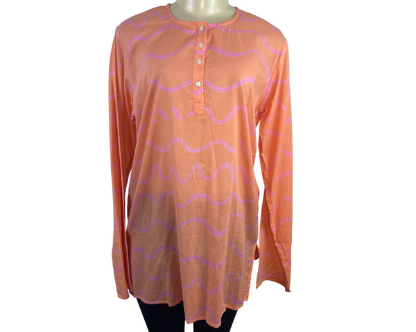 See Design Women’s Coral Long-Sleeve Tunic Blouse With Wave Pattern Sz L - New
