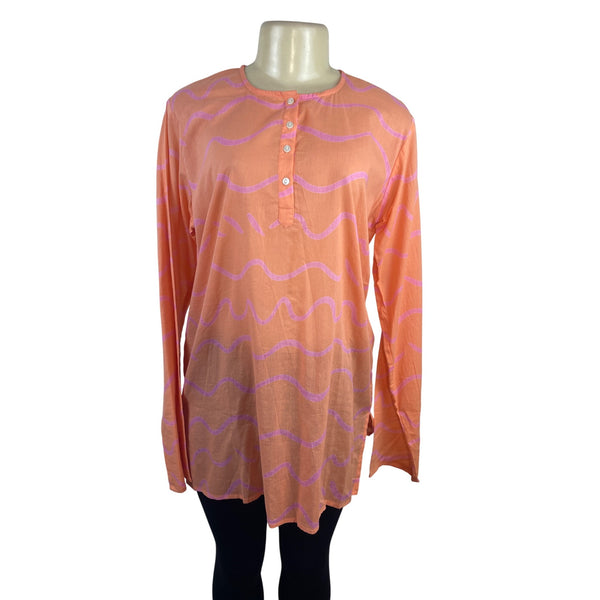 See Design Women’s Coral Long-Sleeve Tunic Blouse With Wave Pattern Sz L - New