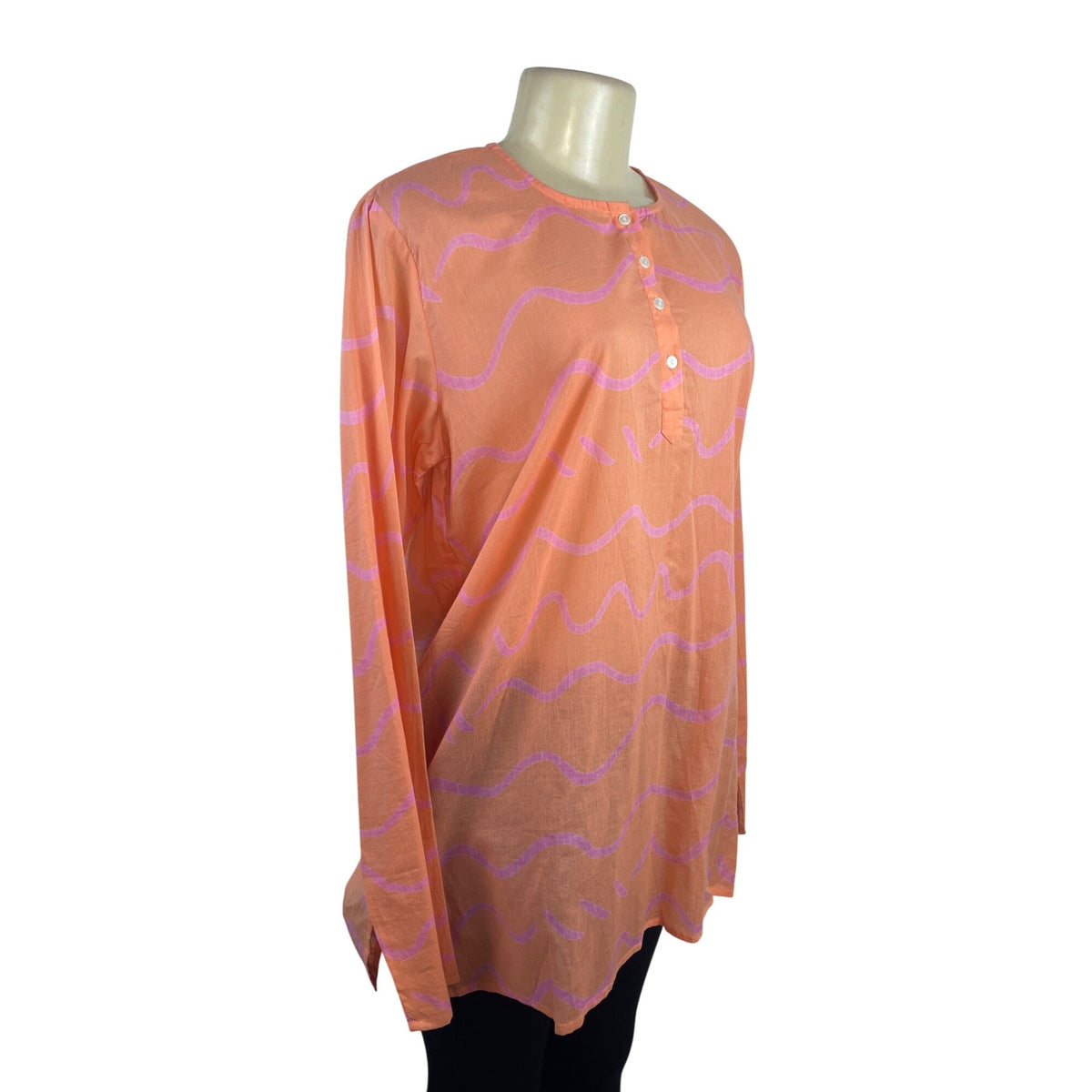 See Design Women’s Coral Long-Sleeve Tunic Blouse With Wave Pattern Sz L - New