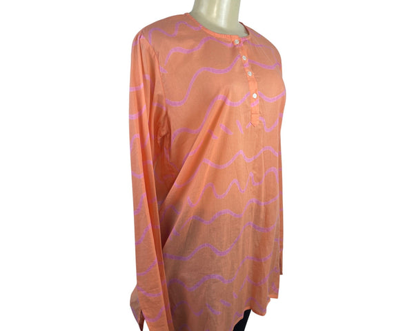 See Design Women’s Coral Long-Sleeve Tunic Blouse With Wave Pattern Sz L - New