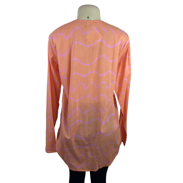 See Design Women’s Coral Long-Sleeve Tunic Blouse With Wave Pattern Sz L - New
