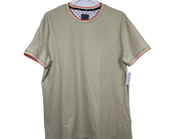 Asher Jones Mens Beige Cotton Graphic T-Shirt With Orange Accents Crew Neck Size L