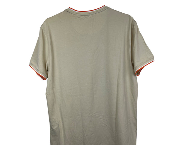 Asher Jones Mens Beige Cotton Graphic T-Shirt With Orange Accents Crew Neck Size L