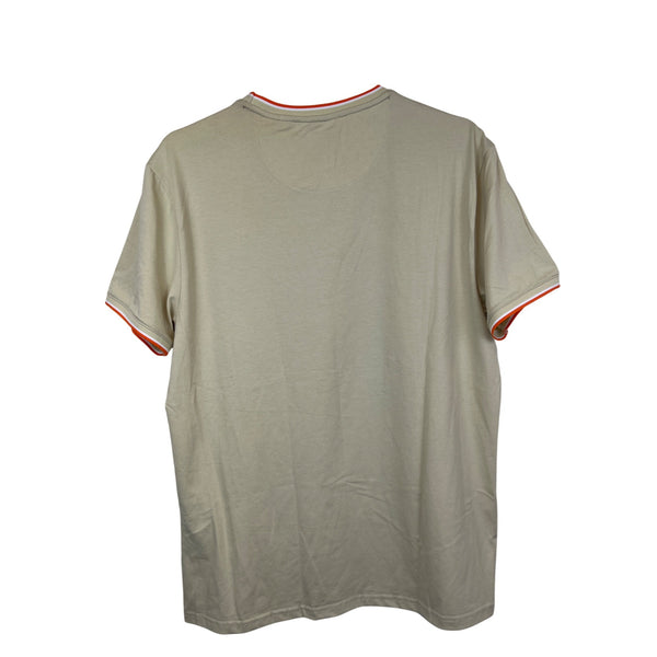 Asher Jones Mens Beige Cotton Graphic T-Shirt With Orange Accents Crew Neck Size L