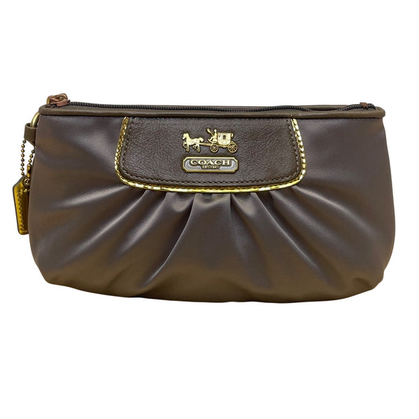 Coach Women’s Grey/Brown Satin Carriage Logo Gold-Tone Hardware Wristlet Clutch