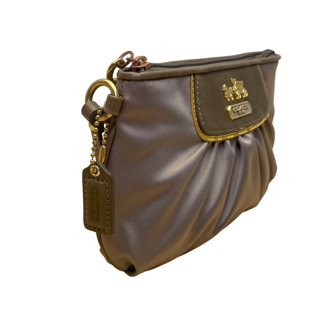 Coach Women’s Grey/Brown Satin Carriage Logo Gold-Tone Hardware Wristlet Clutch