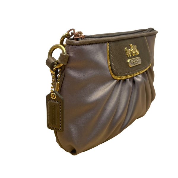 Coach Women’s Grey/Brown Satin Carriage Logo Gold-Tone Hardware Wristlet Clutch