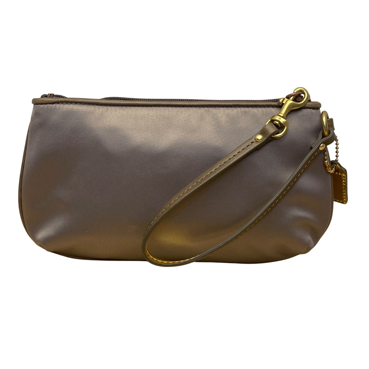Coach Women’s Grey/Brown Satin Carriage Logo Gold-Tone Hardware Wristlet Clutch