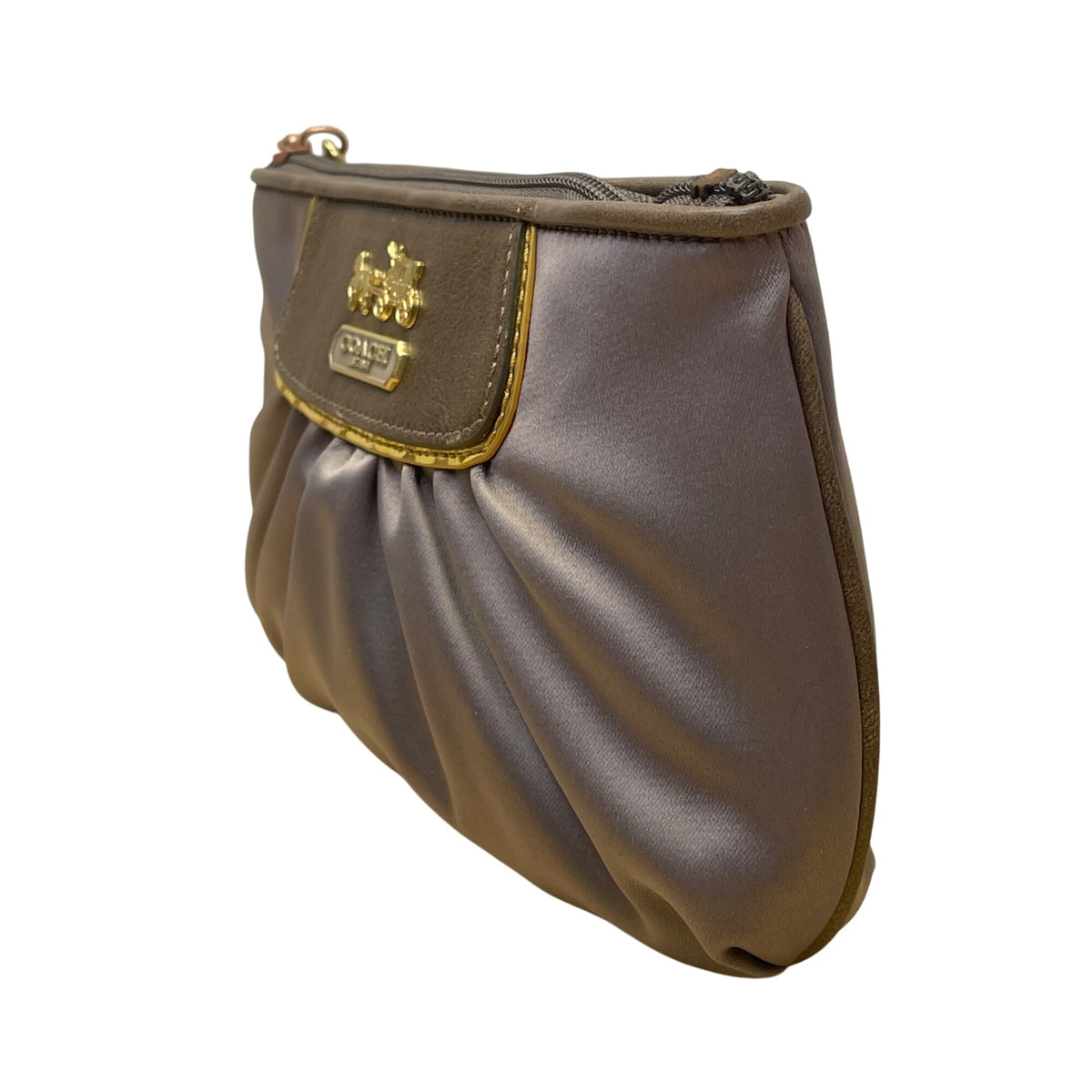 Coach Women’s Grey/Brown Satin Carriage Logo Gold-Tone Hardware Wristlet Clutch